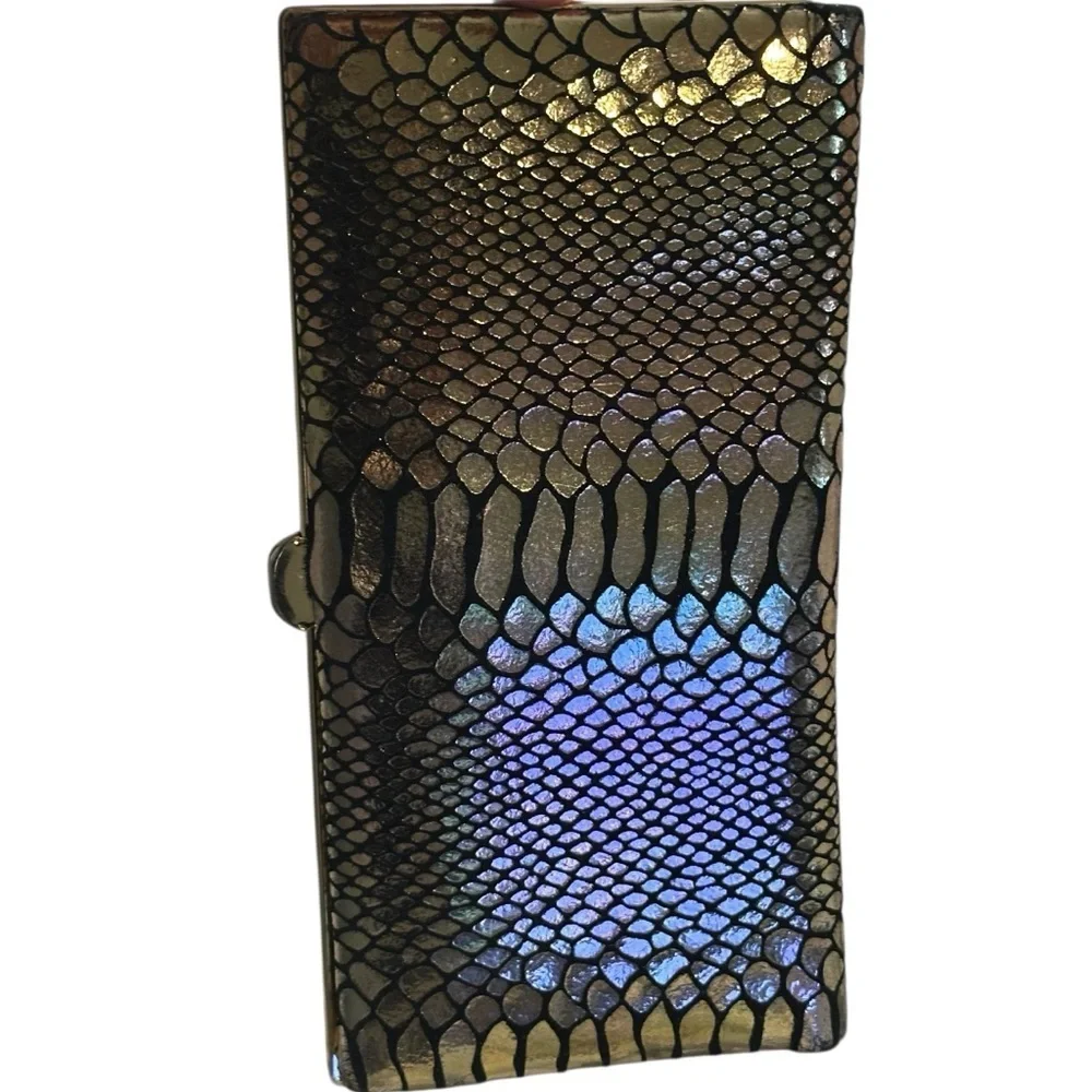 Lodis faux leather snake skin/ python print finish clutch purse.